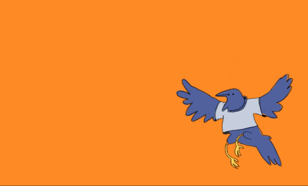 Blue bird character on an orange background