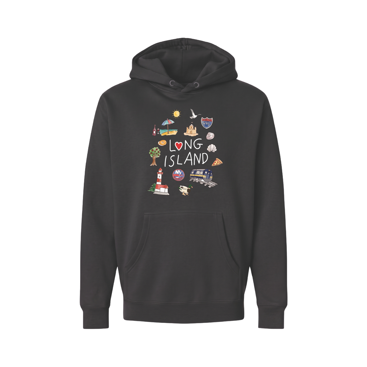 A black pullover hoodie featuring a colorful graphic print of 'Long Island' with various iconic landmarks and symbols, displayed on a clean white background.