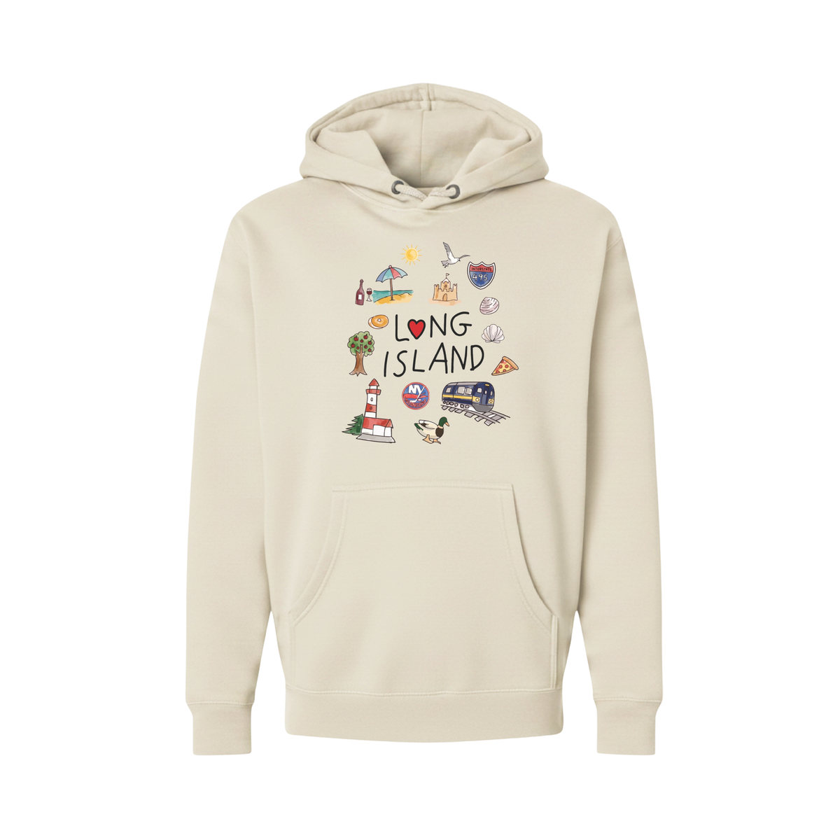 A cream-colored pullover hoodie featuring a colorful 'Long Island' graphic print on the chest with various local icons like a lighthouse, beach umbrella, and train.