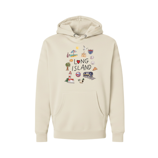 A cream-colored pullover hoodie featuring a colorful 'Long Island' graphic print on the chest with various local icons like a lighthouse, beach umbrella, and train.