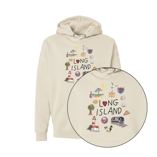 A cream-colored pullover hoodie featuring a colorful graphic print of 'Long Island' with various iconic landmarks and symbols, displayed on a clean white background.