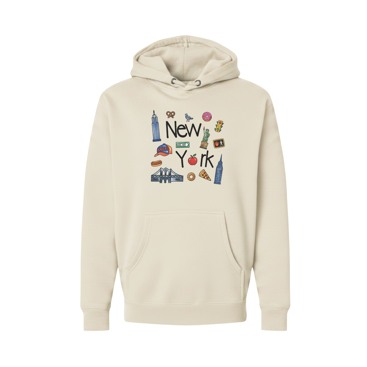 A cream-colored pullover hoodie featuring a colorful graphic print of 'New York' with various iconic landmarks and symbols, displayed on a clean white background.