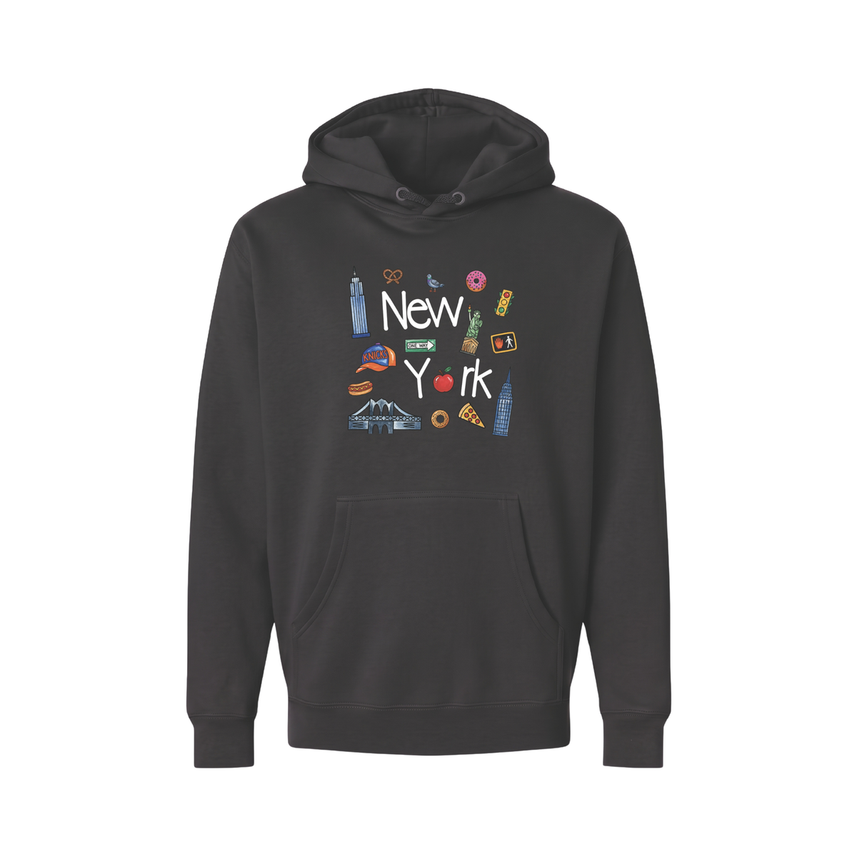 A black pullover hoodie with a colorful 'New York' graphic on the chest, featuring various city-themed illustrations, shown against a plain white background.