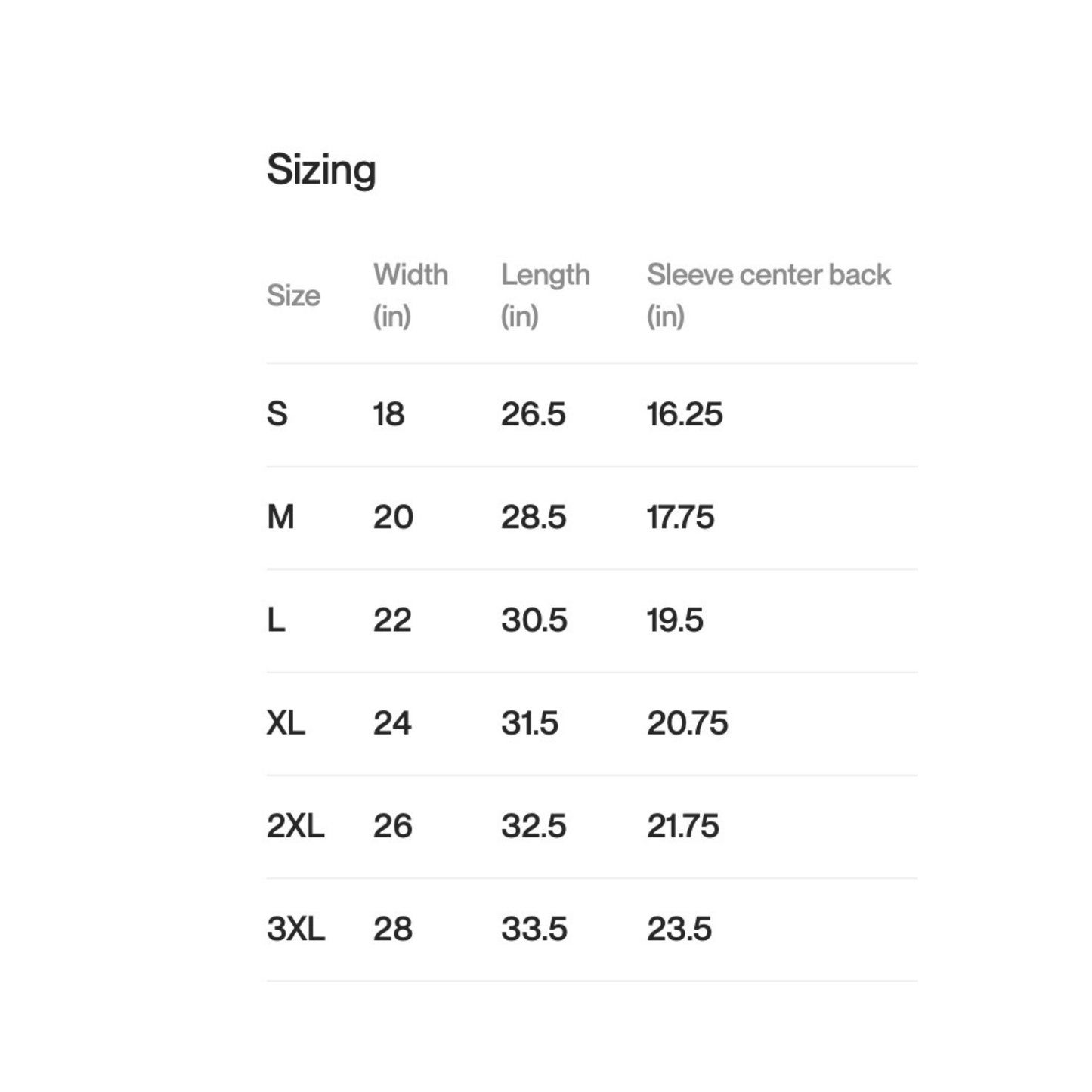 Sizing chart for clothing with dimensions in inches.
